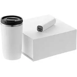 Набор New Times, термостакан: 14,4x7,5x7,4 см; аккумулятор: 9,3х2,4х2,4 см; коробка:18,1х18,6х8 см