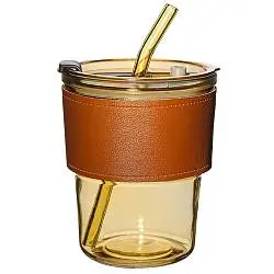 Стакан стеклянный с трубочкой и капхолдером Karamel